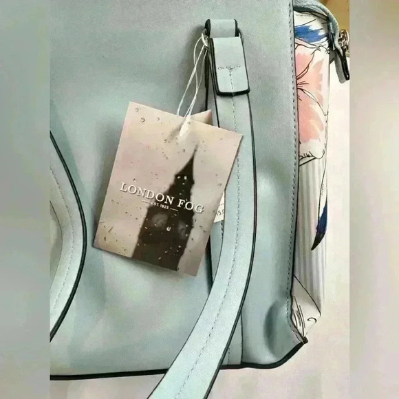 NWT - London Fog Light Blue Mist Stripe Floral Tote - Picture 5 of 10